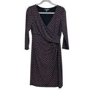 Lauren Ralph Lauren Women Sheath Dress Faux Wrap Black Maroon Geo Print Sz 10P*